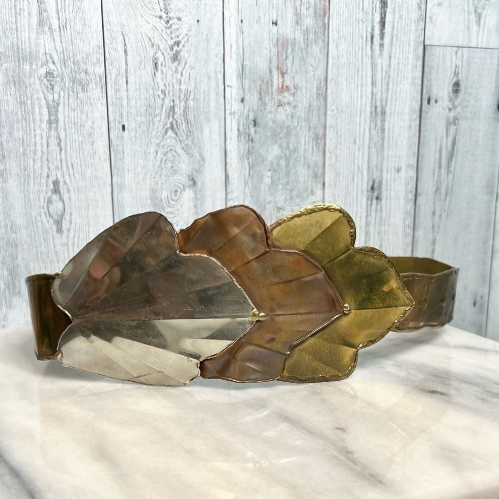 Vintage 80s Artisan Mixed Metal Scalloped Leaf Wide Belt Gaudy Unique Avantgarde - Picture 2 of 12
